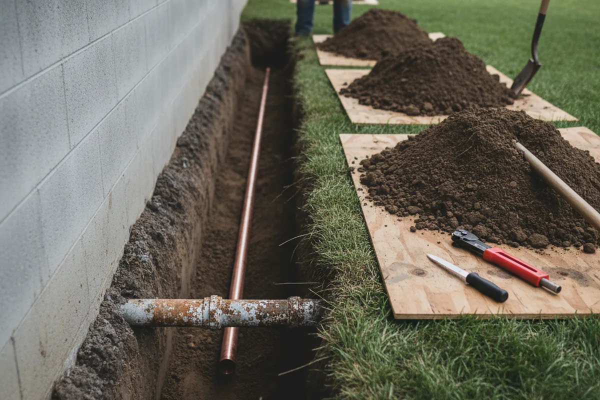 Excavated water line trench during Water Softener Installation in Donaldsonville